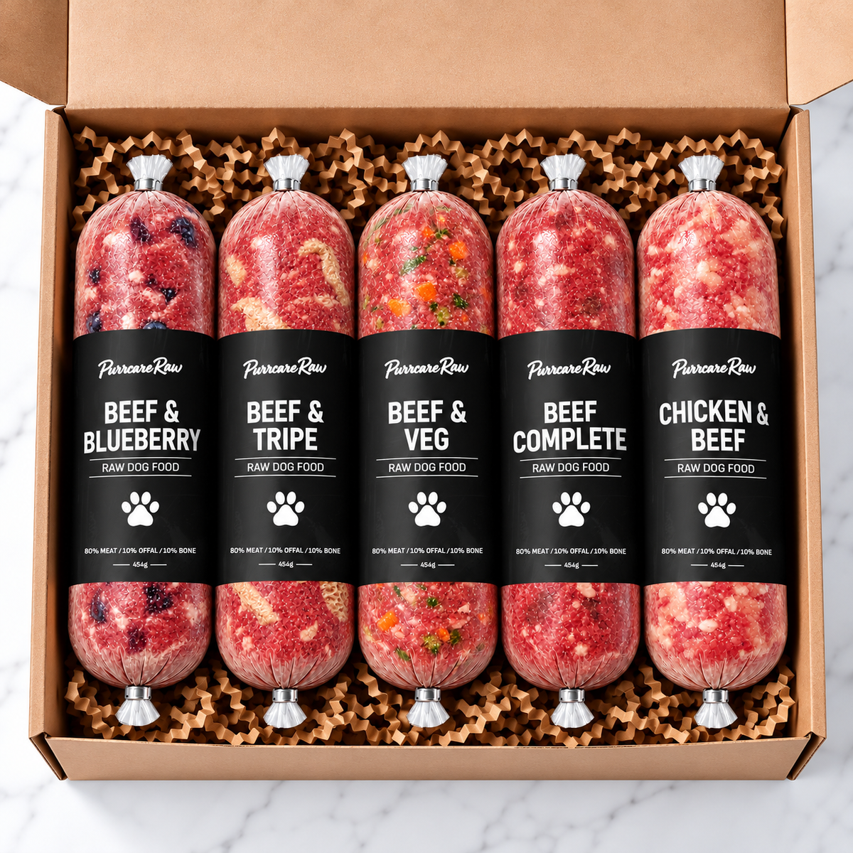 Purrcare Raw Beef Variety Mix Box - 454g | 80/10/10